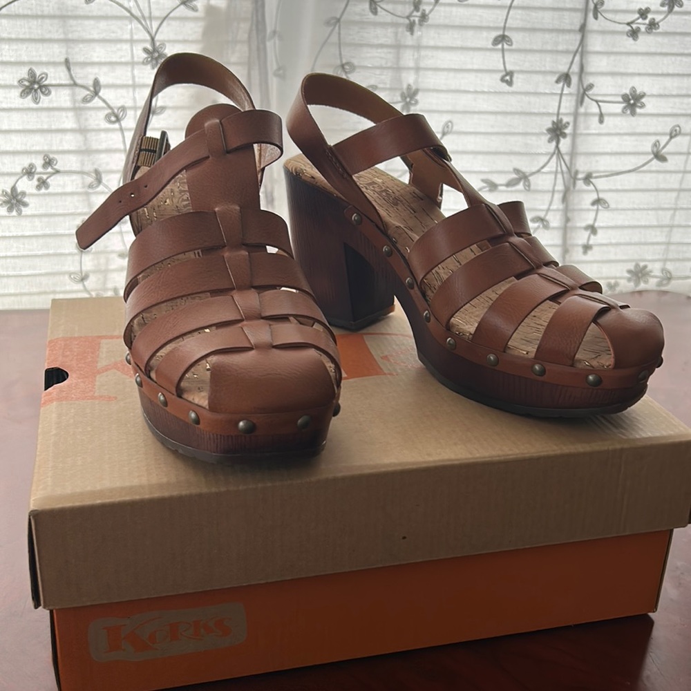 Brand new korks wooden tan sandals, bought never worn